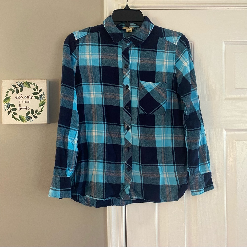 Woolrich Women’s Cotton Flannel Plaid Button Down Shirt Blue White Navy Small